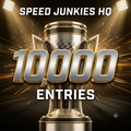 Promotional graphic with a large metallic trophy and the text 'SPEED JUNKIES HQ' at the top and '10,000 ENTRIES' in the center, set against a dramatic dark arena background with spotlights and sparks.