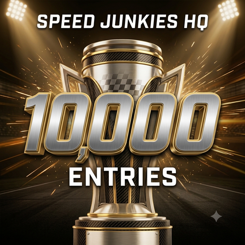 Promotional graphic with a large metallic trophy and the text 'SPEED JUNKIES HQ' at the top and '10,000 ENTRIES' in the center, set against a dramatic dark arena background with spotlights and sparks.
