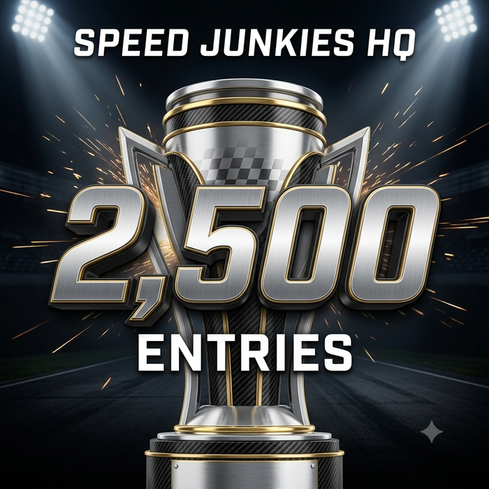 Promotional graphic for 'Speed Junkies HQ' featuring a metallic trophy on a racetrack background with stadium lights and sparks. Large text reads '2,500 ENTRIES' in bold metallic letters.