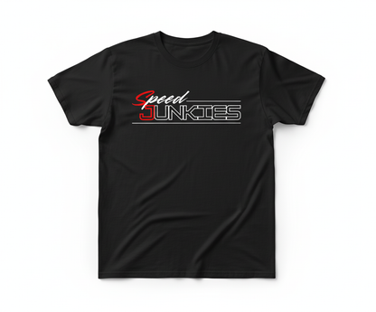 Black t-shirt with 'Speed Junkies' logo on a white text