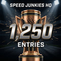 Promotional graphic for 'Speed Junkies HQ' featuring a large metallic trophy on a racetrack background with stadium lights and sparks. Bold text reads 'SPEED JUNKIES HQ' at the top and '1,250 ENTRIES' in the center and lower portion.
