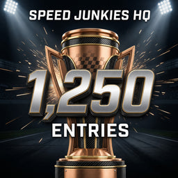 Promotional graphic for 'Speed Junkies HQ' featuring a large metallic trophy on a racetrack background with stadium lights and sparks. Bold text reads 'SPEED JUNKIES HQ' at the top and '1,250 ENTRIES' in the center and lower portion.