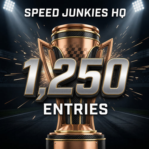 Promotional graphic for 'Speed Junkies HQ' featuring a large metallic trophy on a racetrack background with stadium lights and sparks. Bold text reads 'SPEED JUNKIES HQ' at the top and '1,250 ENTRIES' in the center and lower portion.