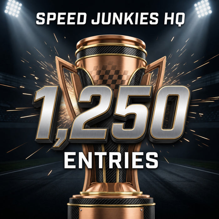 Promotional graphic for 'Speed Junkies HQ' featuring a large metallic trophy on a racetrack background with stadium lights and sparks. Bold text reads 'SPEED JUNKIES HQ' at the top and '1,250 ENTRIES' in the center and lower portion.