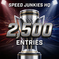 Promotional graphic for a speed event or competition with a metallic trophy centered on a dark racing-stadium background. Large text reads 'SPEED JUNKIES HQ' at the top and '2,500 ENTRIES' over the trophy.
