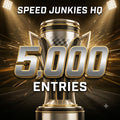 Promotional graphic for an event or competition with the text 'SPEED JUNKIES HQ' at the top and '5,000 ENTRIES' in large metallic numbers over a trophy and spotlight background.