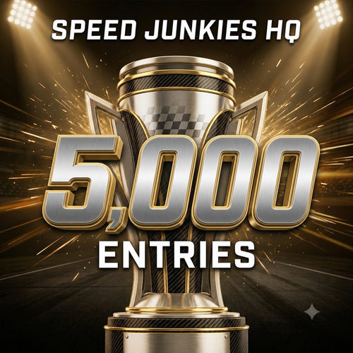 Promotional graphic for an event or competition with the text 'SPEED JUNKIES HQ' at the top and '5,000 ENTRIES' in large metallic numbers over a trophy and spotlight background.